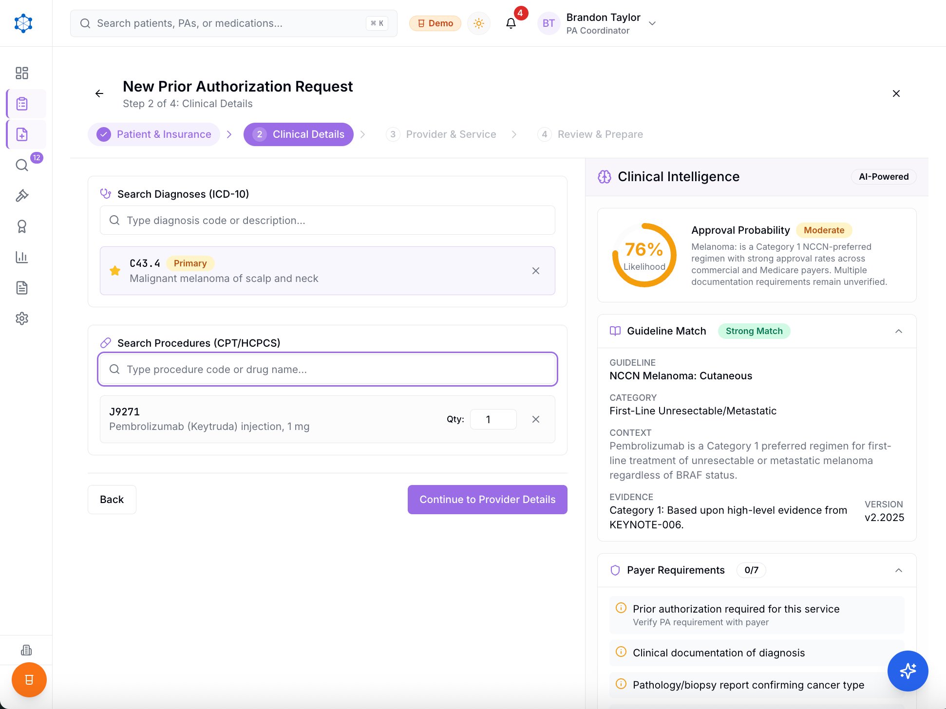 Clinical Intelligence panel showing approval probability and NCCN guideline match