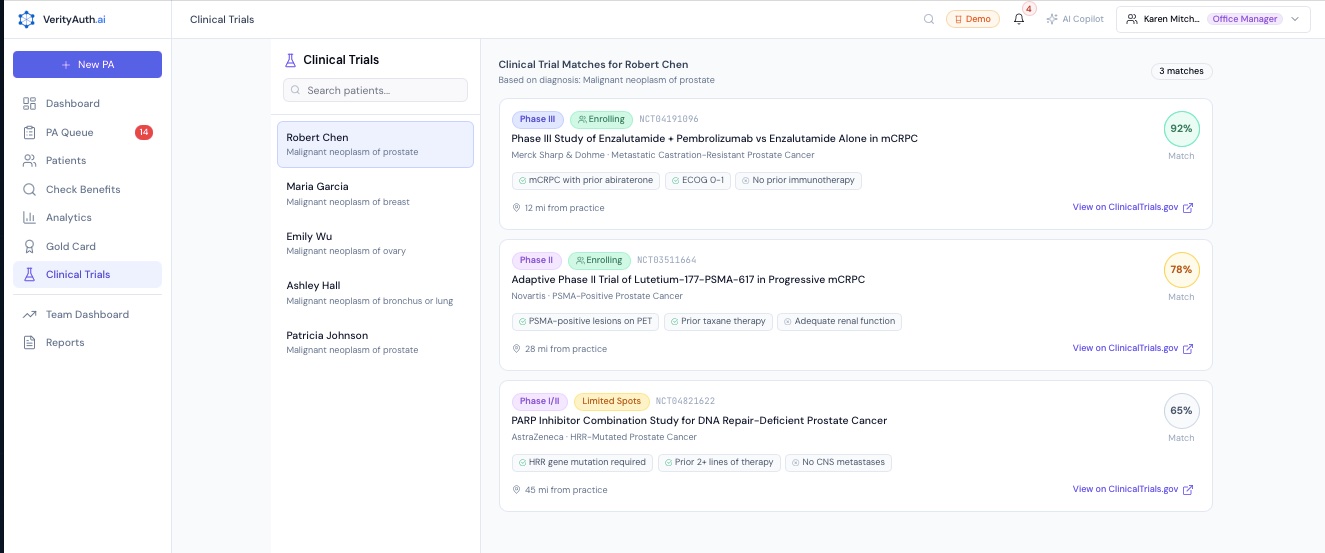 Clinical trial matches with eligibility scoring, distance, and phase information