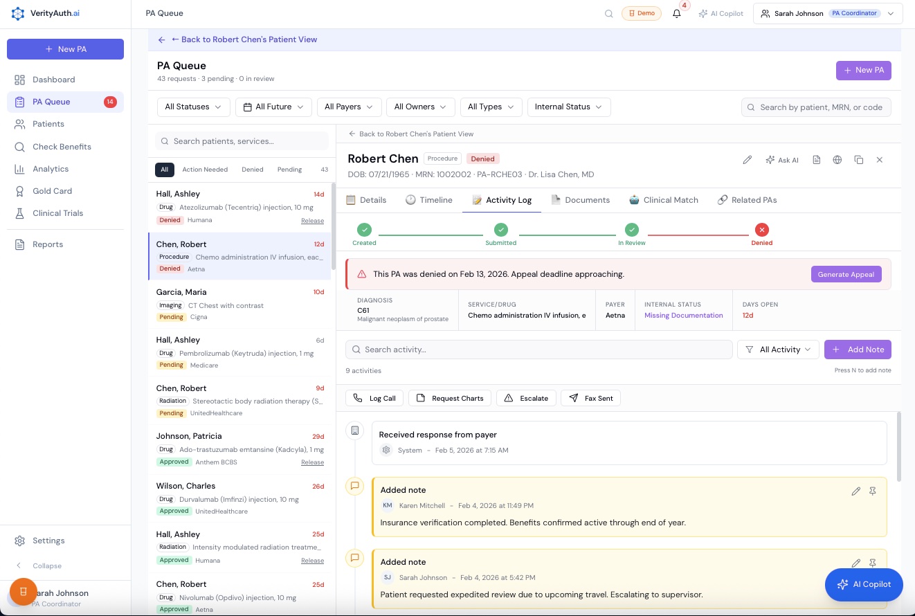 Activity log showing calls, notes, and status changes with timestamps