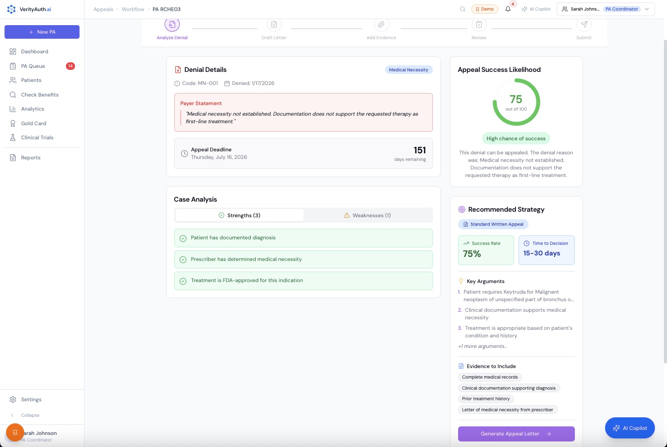 Appeal workflow showing case analysis, success likelihood, and Generate Appeal Letter button
