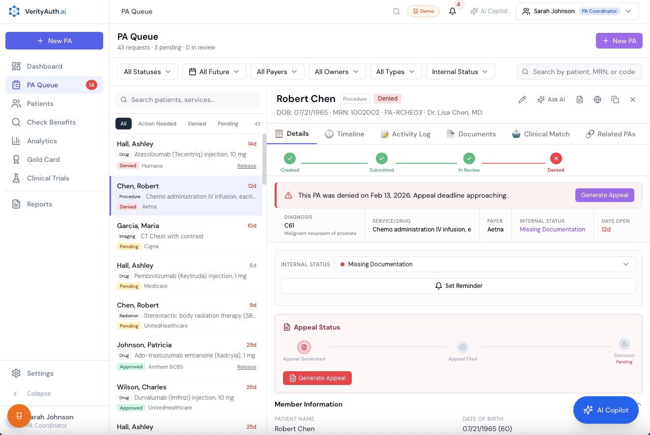 VerityAuth PA Queue showing denied PA with authorization timeline, next action banner, and Generate Appeal button
