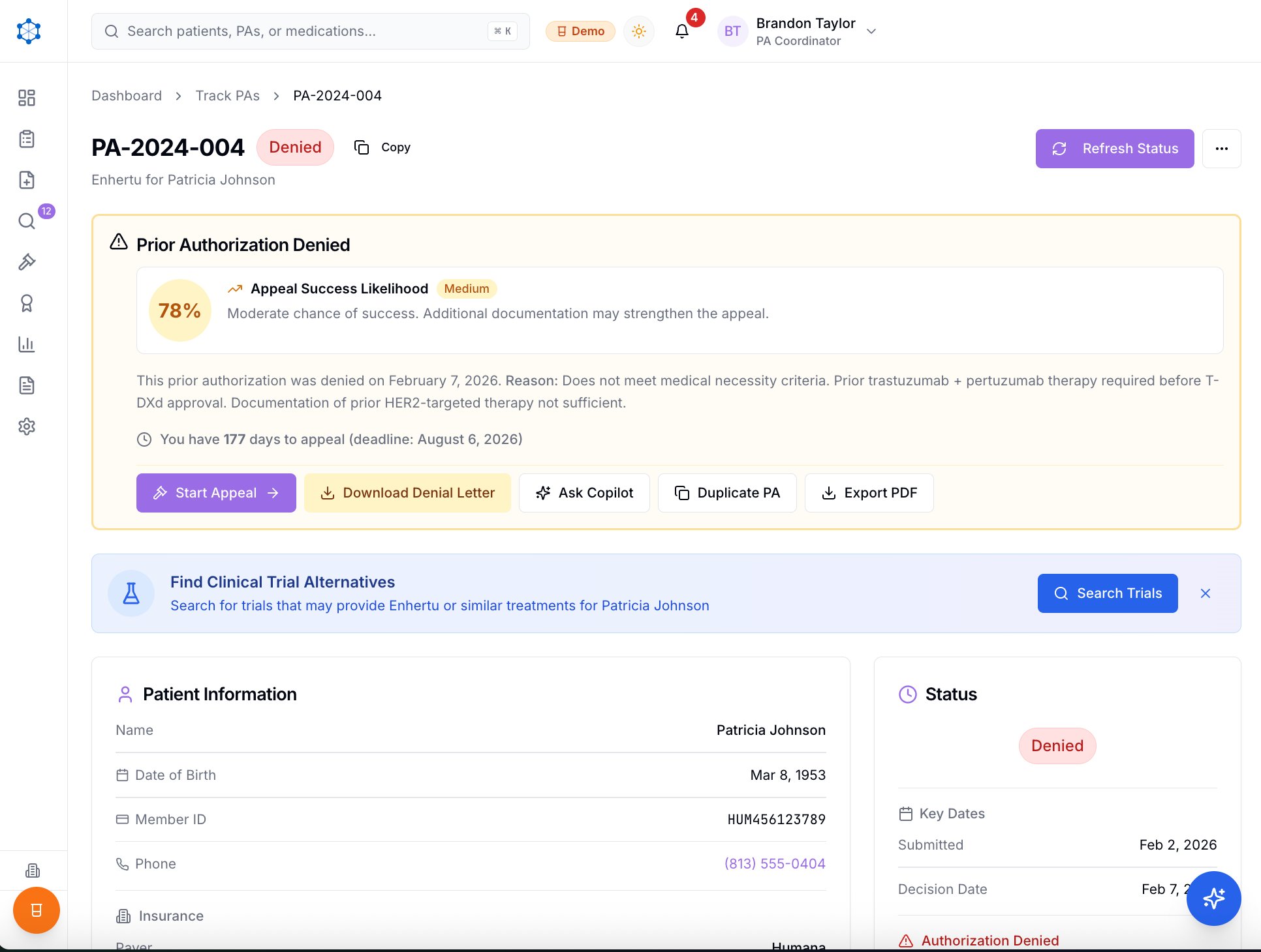 Denial detail with appeal success likelihood and clinical trial alternatives