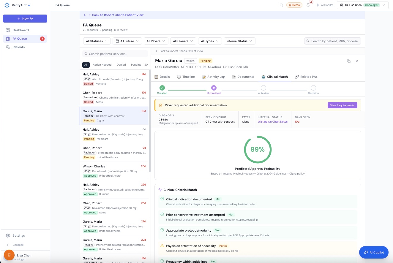 Provider view showing Clinical Match tab with 89% approval probability, clinical criteria matching, and NCCN guideline evidence